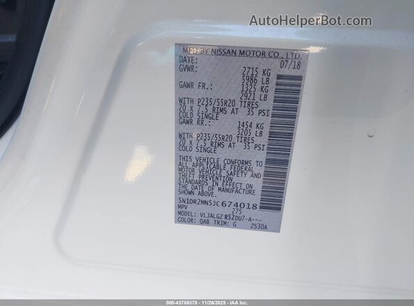 5N1DR2MN5JC674018 2018 NISSAN PATHFINDER White 