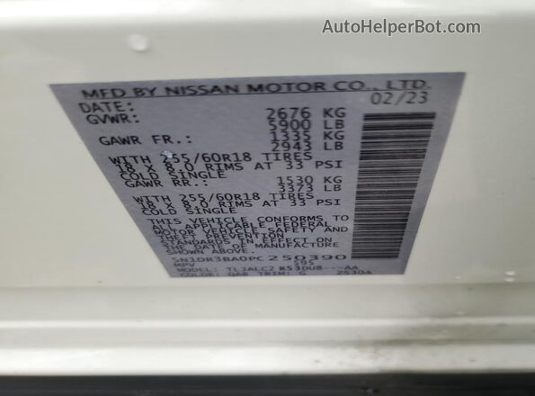 5N1DR3BA0PC250390 2023 NISSAN PATHFINDER White VIN sticker view