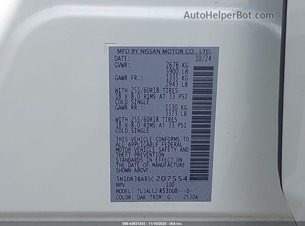 5N1DR3BA8SC207554 2025 NISSAN PATHFINDER White Engine compartment view