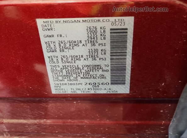 5N1DR3BD3PC269560 2023 NISSAN PATHFINDER Red Widok naklejki z numerem VIN