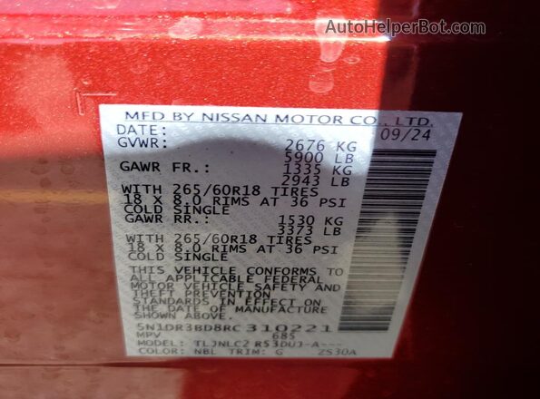 5N1DR3BD8RC310221 2024 NISSAN PATHFINDER Red Widok wnętrza 360 stopni