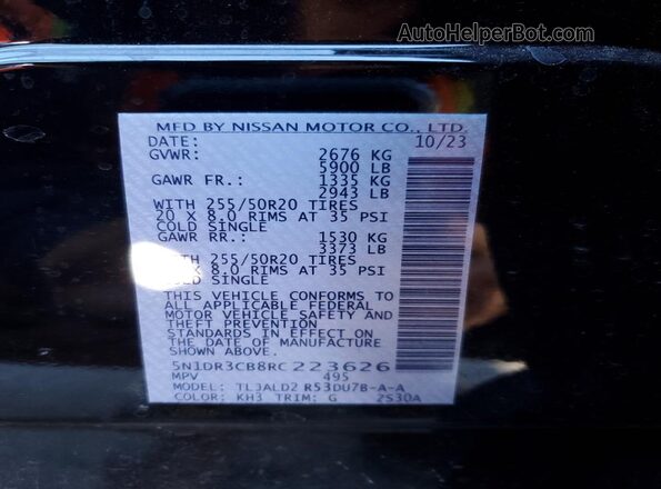 5N1DR3CB8RC223626 2024 NISSAN PATHFINDER Черный Вид наклейки с VIN-кодом