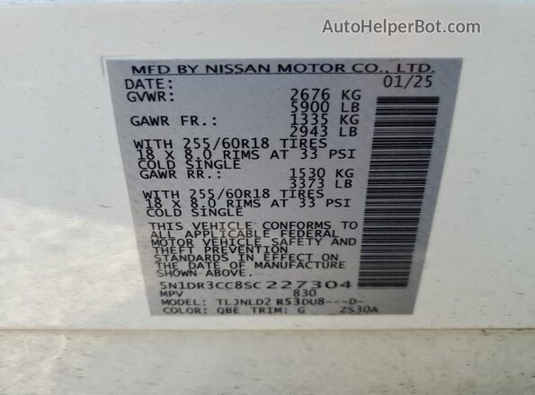 5N1DR3CC8SC227304 2025 NISSAN PATHFINDER Белый Вид наклейки с VIN-кодом