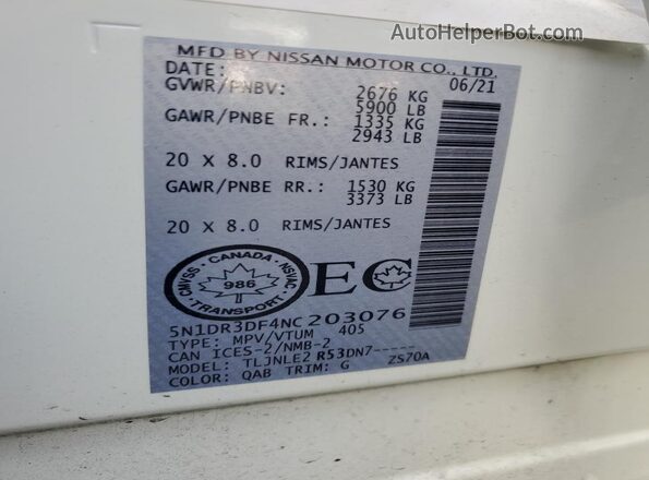 5N1DR3DF4NC203076 2022 NISSAN PATHFINDER White 