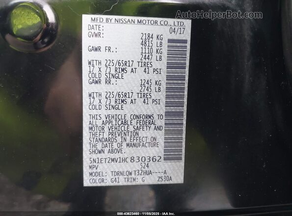 5N1ET2MV1HC830362 2017 NISSAN ROGUE HYBRID Black Շարժիչի բաժամունքի տեսք