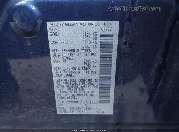 5N1ET2MVXHC790153 2017 NISSAN ROGUE HYBRID Blue Vista del compartimento del motor