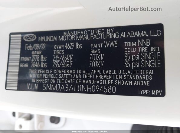 5NMJA3AE0NH094580 2022 HYUNDAI TUCSON Белый Вид подкапотного пространства