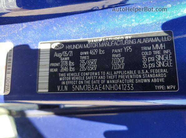 5NMJB3AE4NH041233 2022 HYUNDAI TUCSON Blue VIN կոդի պիտակի տեսք