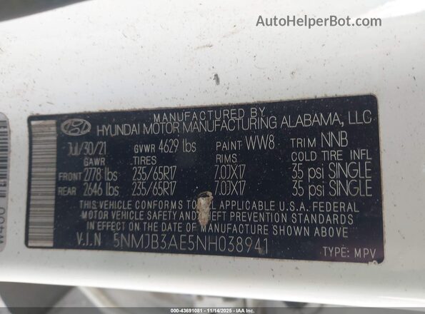 5NMJB3AE5NH038941 2022 HYUNDAI TUCSON Белый Вид подкапотного пространства