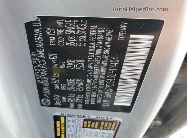 5NMP1DGL3SH114404 2025 HYUNDAI SANTA Silver Widok naklejki z numerem VIN