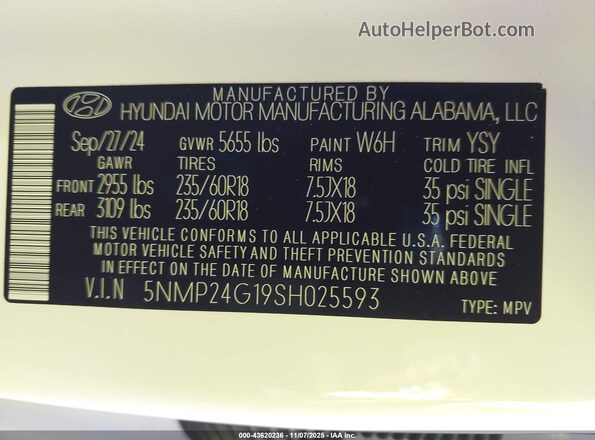 5NMP24G19SH025593 2025 HYUNDAI SANTA FE HYBRID White Vista del compartimento del motor