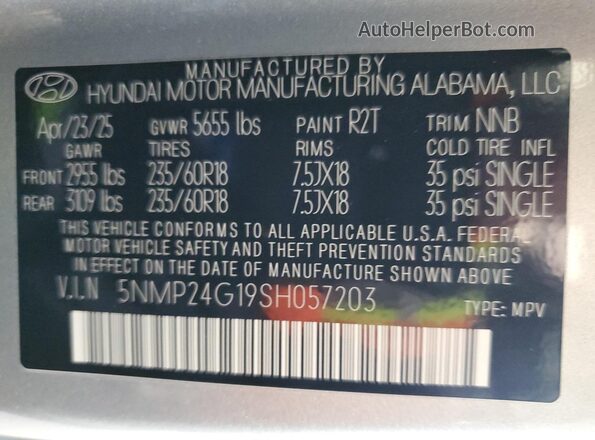 5NMP24G19SH057203 2025 HYUNDAI SANTA Silver VIN sticker view