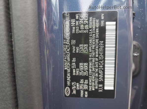 5NMP24GL1SH119694 2025 HYUNDAI SANTA Blue Widok naklejki z numerem VIN