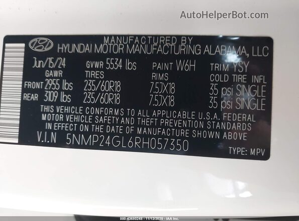 5NMP24GL6RH057350 2024 HYUNDAI SANTA FE White Engine compartment view