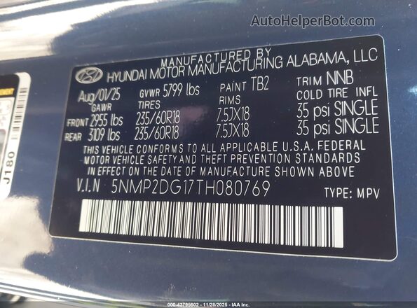 5NMP2DG17TH080769 2026 HYUNDAI SANTA FE HYBRID Blue Vista del compartimento del motor