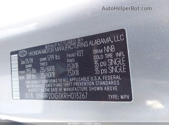 5NMP2DG1XRH013267 2024 HYUNDAI SANTA FE HYBRID Silver Շարժիչի բաժամունքի տեսք