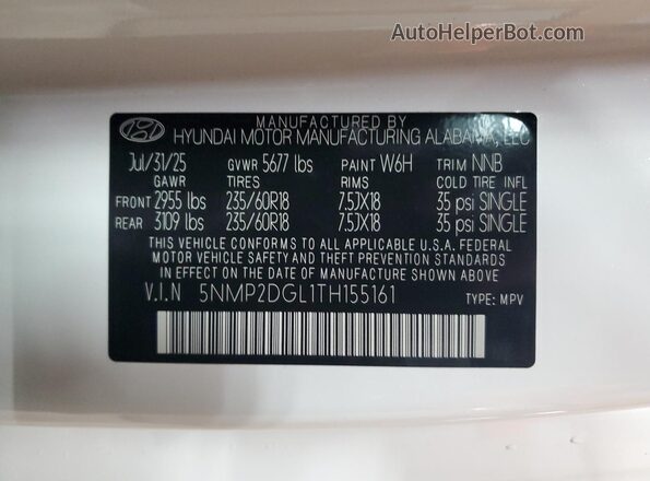 5NMP2DGL1TH155161 2026 HYUNDAI SANTA White Vista de la etiqueta del VIN
