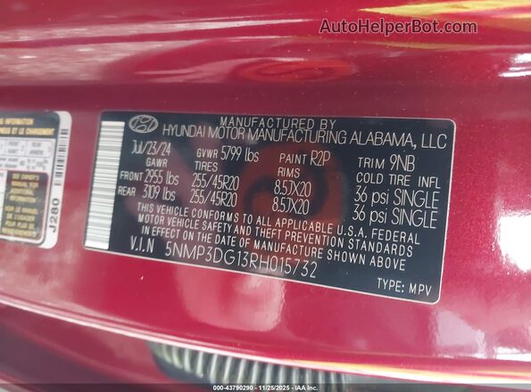 5NMP3DG13RH015732 2024 HYUNDAI SANTA FE HYBRID Red Շարժիչի բաժամունքի տեսք
