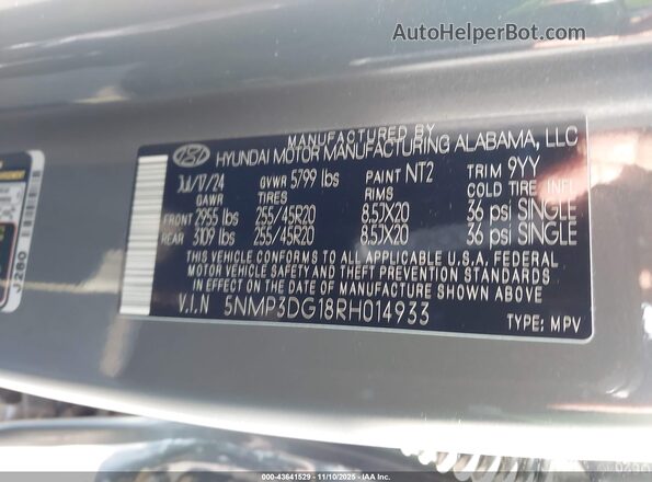 5NMP3DG18RH014933 2024 HYUNDAI SANTA FE HYBRID Gray Engine compartment view