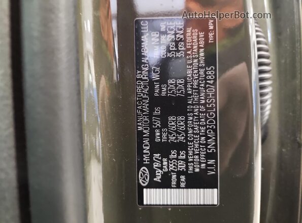 5NMP3DGL5SH074885 2025 HYUNDAI SANTA Green VIN կոդի պիտակի տեսք