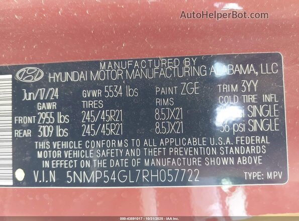 5NMP54GL7RH057722 2024 HYUNDAI SANTA FE CALLIGRAPHY Orange Widok komory silnika