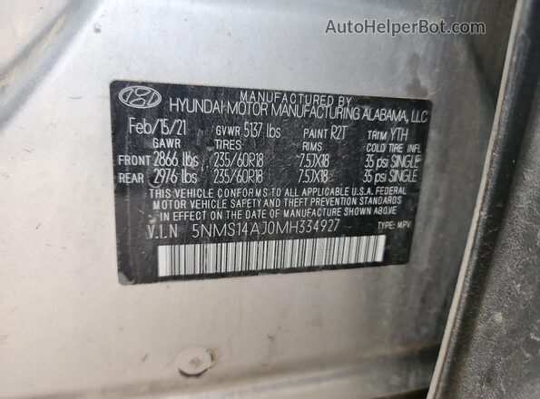 5NMS14AJ0MH334927 2021 HYUNDAI SANTA Silver VIN sticker view