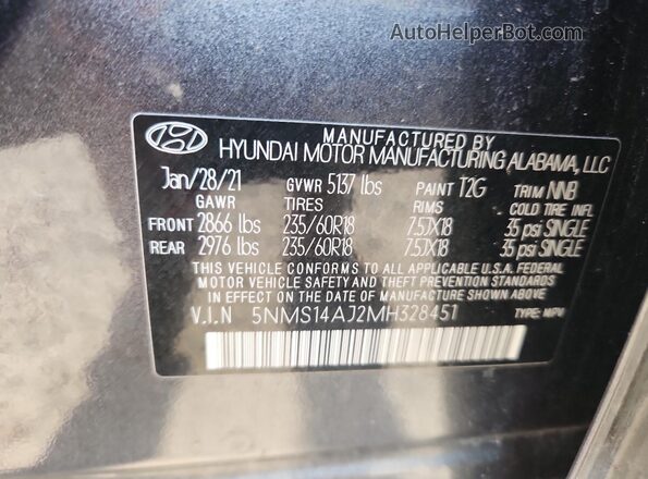 5NMS14AJ2MH328451 2021 HYUNDAI SANTA Gray Vista del compartimento del motor