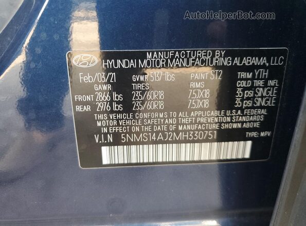 5NMS14AJ2MH330751 2021 HYUNDAI SANTA Blue Շարժիչի բաժամունքի տեսք