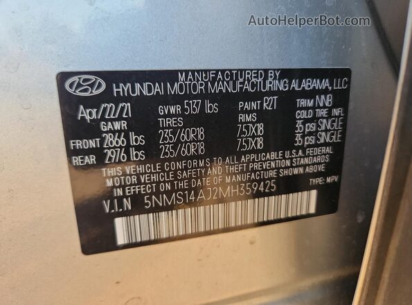 5NMS14AJ2MH359425 2021 HYUNDAI SANTA Gray Vista del compartimento del motor