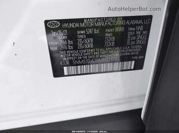 5NMS1DAJ0MH323703 2021 HYUNDAI SANTA FE Белый Вид подкапотного пространства