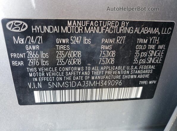 5NMS1DAJ3MH349096 2021 HYUNDAI SANTA Silver VIN კოდის სტიკერის ხედი