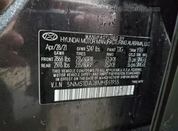5NMS1DAJ8MH361955 2021 HYUNDAI SANTA Charcoal Vista de la etiqueta del VIN