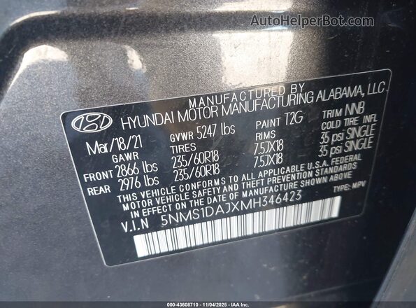 5NMS1DAJXMH346423 2021 HYUNDAI SANTA FE Серый Вид подкапотного пространства