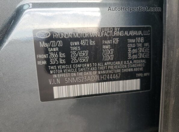 5NMS23AD2LH244467 2020 HYUNDAI SANTA Gray Widok naklejki z numerem VIN
