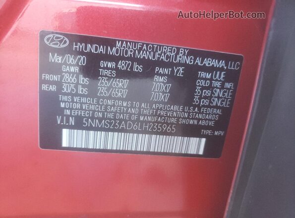 5NMS23AD6LH235965 2020 HYUNDAI SANTA Red VIN կոդի պիտակի տեսք