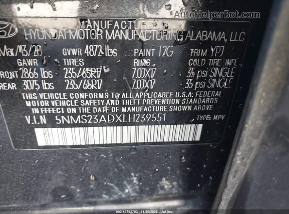 5NMS23ADXLH239551 2020 HYUNDAI SANTA FE Black Vista del compartimento del motor