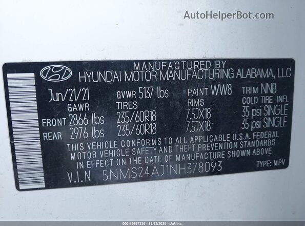 5NMS24AJ1NH378093 2022 HYUNDAI SANTA FE White Widok komory silnika