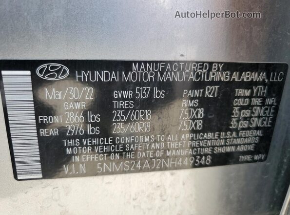5NMS24AJ2NH449348 2022 HYUNDAI SANTA Silver Widok naklejki z numerem VIN