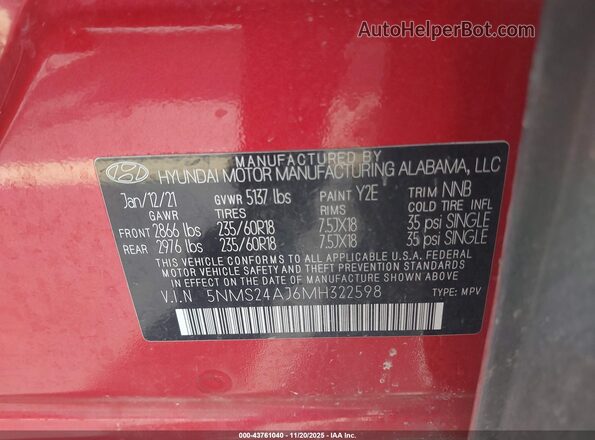 5NMS24AJ6MH322598 2021 HYUNDAI SANTA FE Красный Вид подкапотного пространства