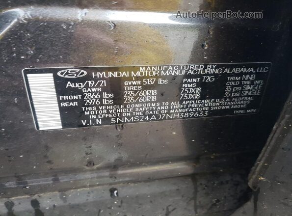 5NMS24AJ7NH389633 2022 HYUNDAI SANTA Gray Вид наклейки з VIN-кодом
