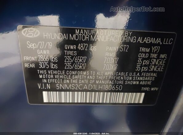 5NMS2CAD1LH180650 2020 HYUNDAI SANTA FE Blue Vista del compartimento del motor