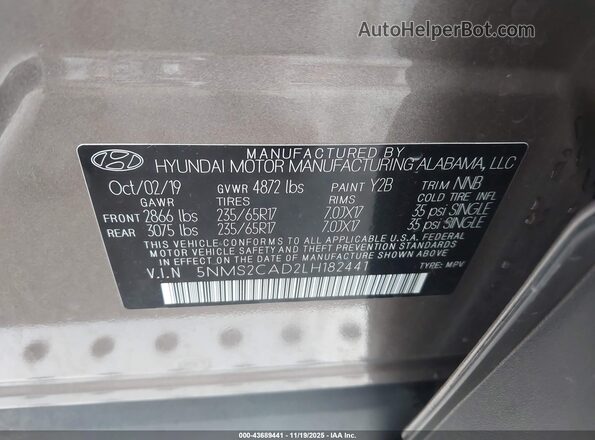 5NMS2CAD2LH182441 2020 HYUNDAI SANTA FE Brown Widok komory silnika