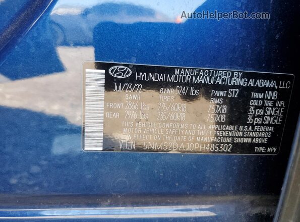 5NMS2DAJ0PH485302 2023 HYUNDAI SANTA Blue Vista de la etiqueta del VIN