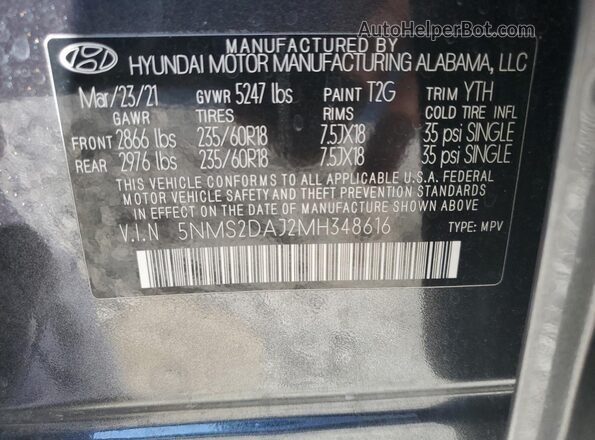 5NMS2DAJ2MH348616 2021 HYUNDAI SANTA Charcoal VIN sticker view