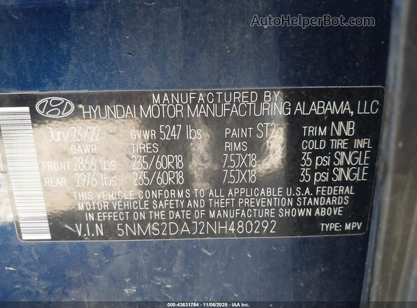 5NMS2DAJ2NH480292 2022 HYUNDAI SANTA FE Blue Vista del compartimento del motor