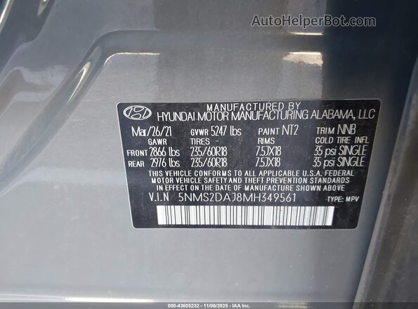 5NMS2DAJ8MH349561 2021 HYUNDAI SANTA FE Серый Вид подкапотного пространства