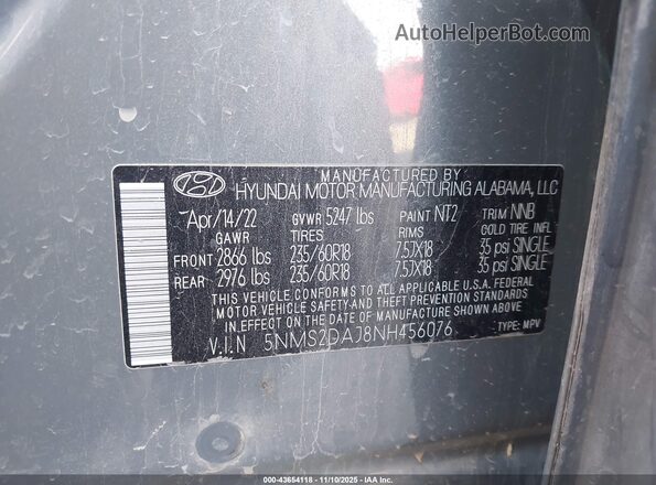 5NMS2DAJ8NH456076 2022 HYUNDAI SANTA FE Gray Vista del compartimento del motor