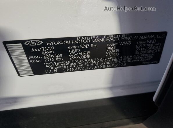 5NMS2DAJ8NH475923 2022 HYUNDAI SANTA White 360 interior view
