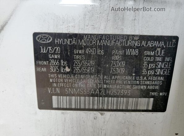 5NMS33AA2LH252393 2020 HYUNDAI SANTA White სალონის 360-გრადუსიანი ხედი