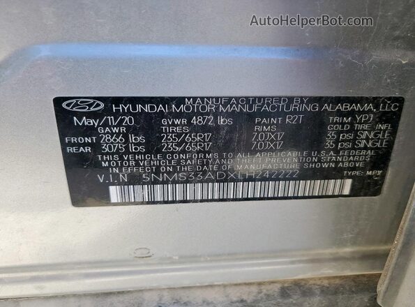 5NMS33ADXLH242222 2020 HYUNDAI SANTA Серебряный Вид наклейки с VIN-кодом